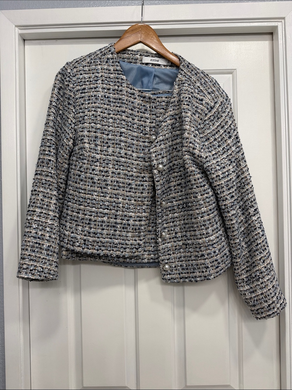 Zara Women’s Cream & Blue Tweed Collarless Jacket and Matching Skirt